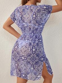 Swim Lushoire Women's Vacation Style Printed Short Sleeve V-Neck Cover-Up Top,Summer Beach - Purple - View 2