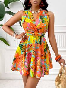 Amarilo Tropical Plant Print Backless V-Neck Sleeveless Summer Vacation Dress (Random Floral Pattern)