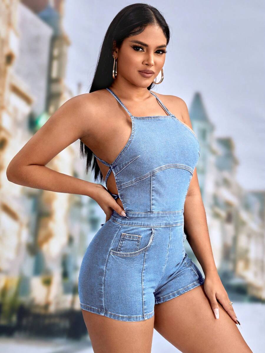SHEIN SXY Summer Sexy Backless Halter Slim Fit Denim Jumpsuit - Light Wash - View 1