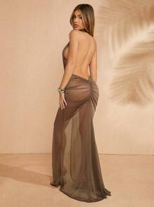 Hauture Metallic Halter Plunging Neck Ruched Party Dress