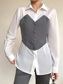 Mulvari Camisa 2 en 1 a la moda para mujer con bloqueo de color casual