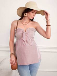 SHEIN Maternity Striped Frill Trim Front Tie Fashionable Camisole Shirt - Pink - View 5