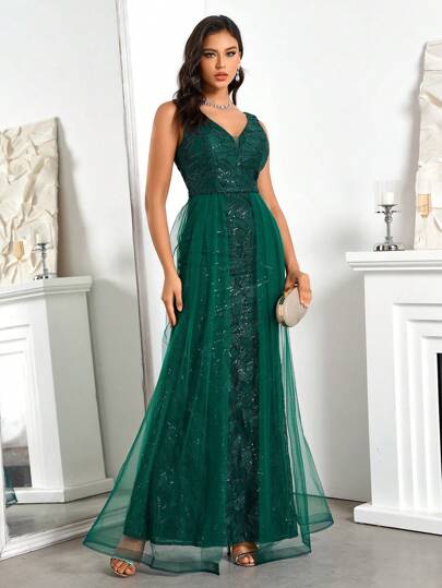 SHEIN Belle Women's V-Neck Sequin-Sleeved Lace Bodice Prom Dress With Feather Detail And Sheer Dress