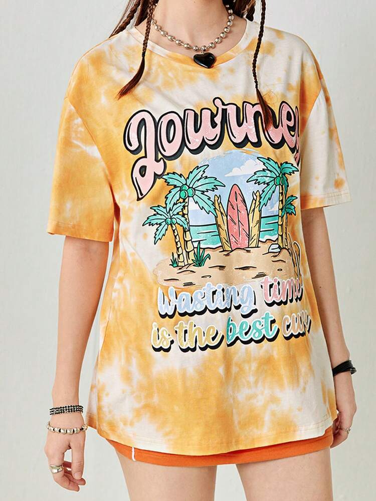 Women's Summer Casual Short Sleeve Resort Graphic Print Tie Dye Oversized T-Shirt.