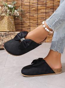 Fall/Winter Striped Head Wrap Flat Slide Sandals, Round Toe With Tassel Buckle Closure, Women Valentines,Mule - Black - View 3