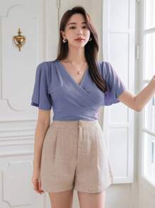 Wynsel Ladies' Summer Solid Color Wrap-Over Ruffled Short Sleeve V-Neck T-Shirt - Blue - View 3