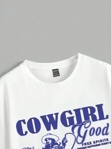 SHEIN EZwear Camiseta de cuello redondo de manga corta blanca con estampado de vaquera azul sobredimensionada, diseño de chica del oeste, corte holgado para mujer, festival de música de verano - Blanco - Ver 4
