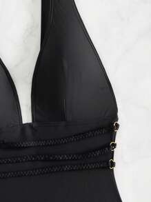 SHEIN Swim 女士纯色简约风格日常泳衣夏季 - 黑色 - 查看 6