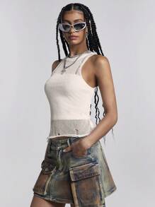 SHEIN EZwear Áo len dệt kim xuyên thấu rách bất đối xứng phong cách đường phố dành cho nữ, đa năng - trắng - Xem 4