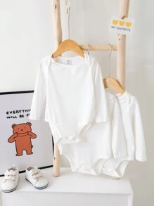 SHEIN Ensemble de 3 bodies à manches longues de couleur unie pour bébé garçon ou bébé fille, convient pour la maison et l'extérieur - Blanc - Voir 7
