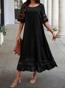 EMERY ROSE Women's Bohemian A-Line Mesh Patchwork Romantic Dress - Black - View 6