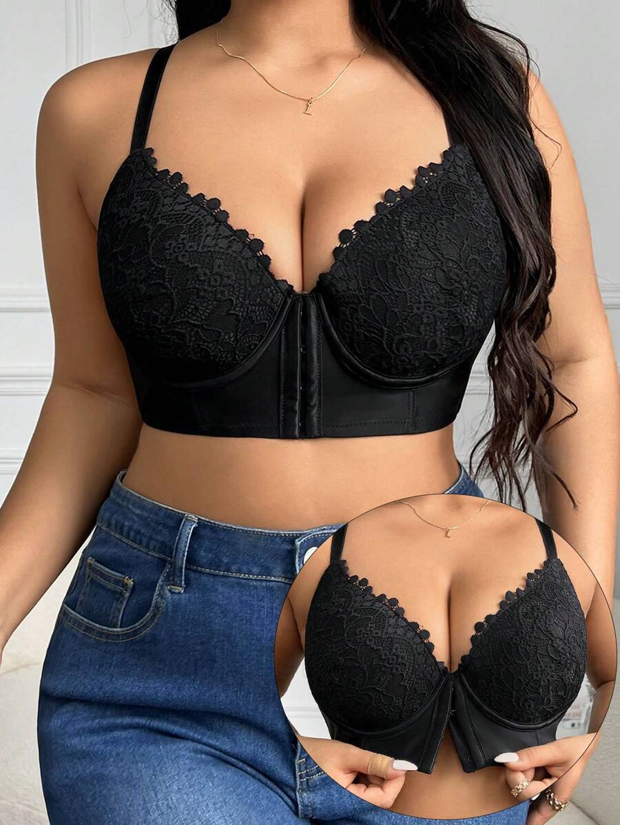 DesireSculpt Áo ngực ren hở trước cỡ lớn gợi cảm lãng mạn thoải mái, ngăn ngừa chảy xệ và nâng đỡ ngực, đồ lót 1 mảnh có thể điều chỉnh, nâng ngực - màu đen - Xem 1