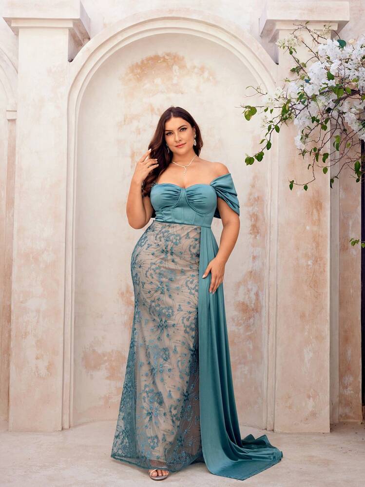 turquoise green dress for wedding guest SHEIN Belle Plus Size Teal Luxury Sequined Mesh Off Shoulder Elegant Evening Prom Gown,Spring Asymmetrical Hem Heavy Work Formal Party GL-03.03.25