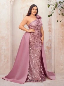 SHEIN X Izzy Darnell Glamrae 华丽亮片肩蝴蝶结连衣裙加大码晚礼服优雅正式舞会婚礼宾客礼服，适合毕业典礼、晚宴派对礼服 - 藕粉色 - 查看 6