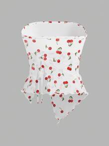 SHEIN ICON Cherry Printed Asymmetrical Hem Summer Bandeau Y2K Top With Mesh Fabric