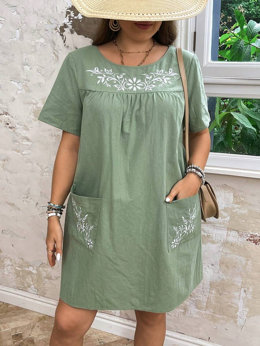 SHEIN LUNE Váy hai túi thêu cỡ lớn cho kỳ nghỉ/giải trí dành cho nữ, mùa hè - Màu xanh Bạc hà - Xem 1