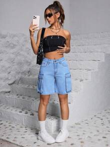 SHEIN PETITE Shorts Casuais de Denim Lavado para o Verão, Roupas de Trabalho - Azul - Visão 5