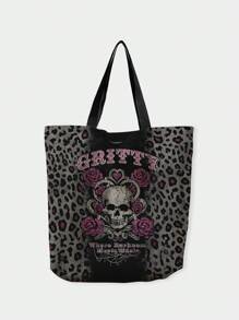 ROMWE Goth Túi tote vải in họa tiết hai mặt hình đầu lâu - Nhiều màu - Xem 1