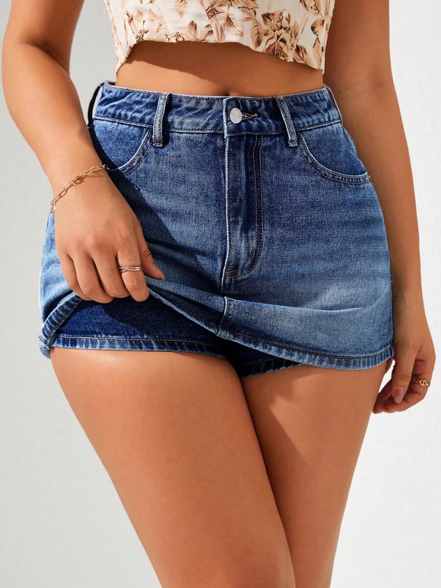 Breezaya Solid Color Denim Shorts With Pockets, Elegant Style For Summer - Dark Wash - View 1