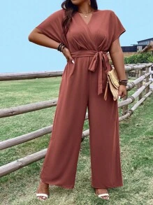 SHEIN LUNE Plus Size V-Neck Cinching Waist Batwing Sleeve Casual Jumpsuit