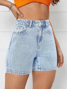 SHEIN Privé Women's Slim Fit Casual Denim Shorts With Pockets - Blue and White - View 4