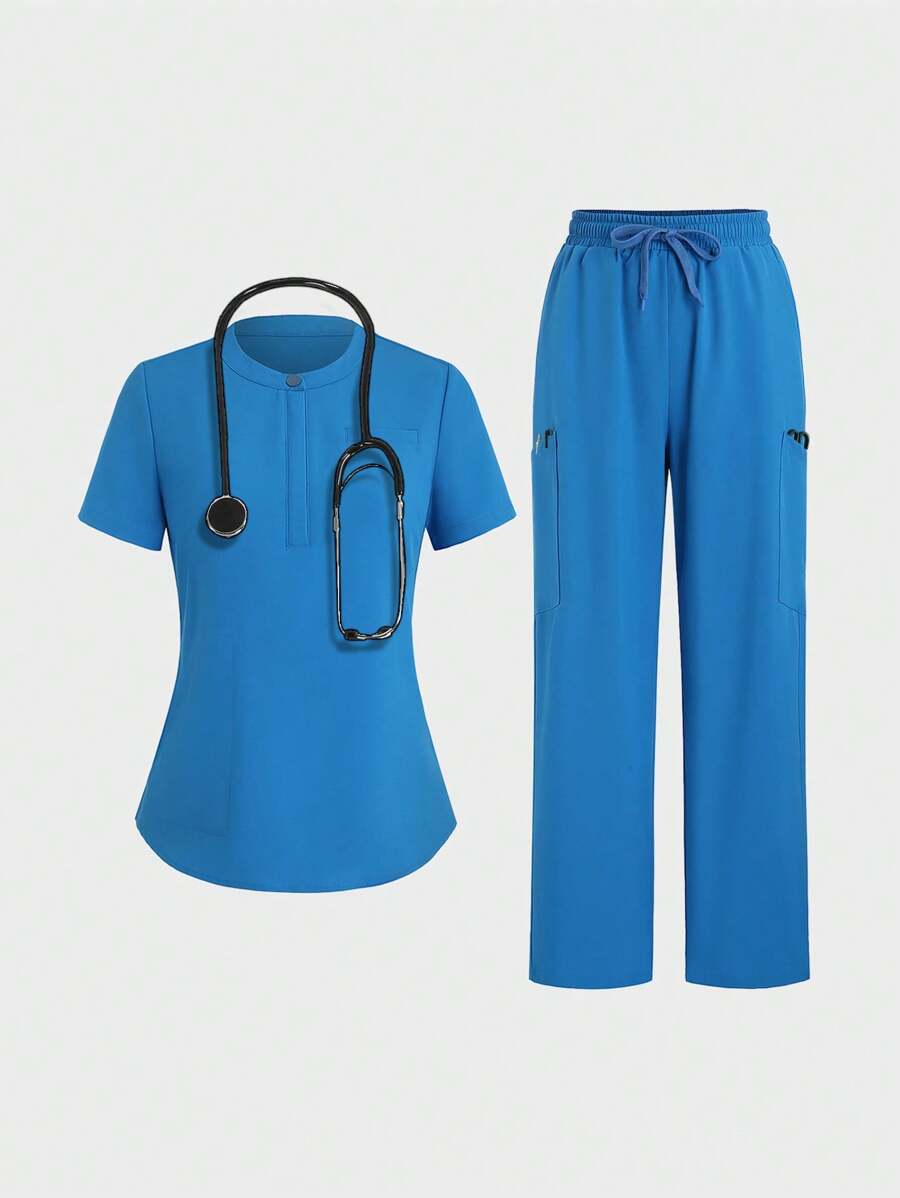 SHEIN Unity 女士藍色護士制服套裝，半拉鍊短袖上衣和長褲，醫用短袍套裝，啞光面 - 藍色 - 查看 1