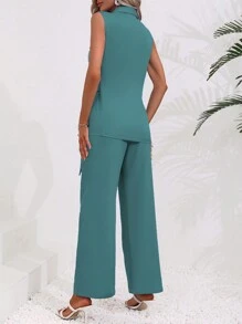 Chiquease Women's Simple Casual Collarless Sleeveless Suit Vest And Trousers Suit Set - Blue - View 2