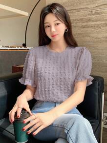 DAZY Solid Color Puff Sleeve Integrated Short Sleeve Women's T-Shirt Summer,Ruffle - Purple - View 4