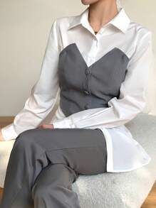 Mulvari Camisa 2 en 1 a la moda para mujer con bloqueo de color casual