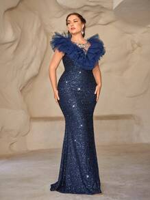 SHEIN Belle Plus Size Navy Blue Spring Elegant Evening Party Prom Dress,Luxury Rhinestone Beaded V Neck Multi Layers Exaggerated Ruffle Fishtail Formal Gowns - Teal Blue - View 7