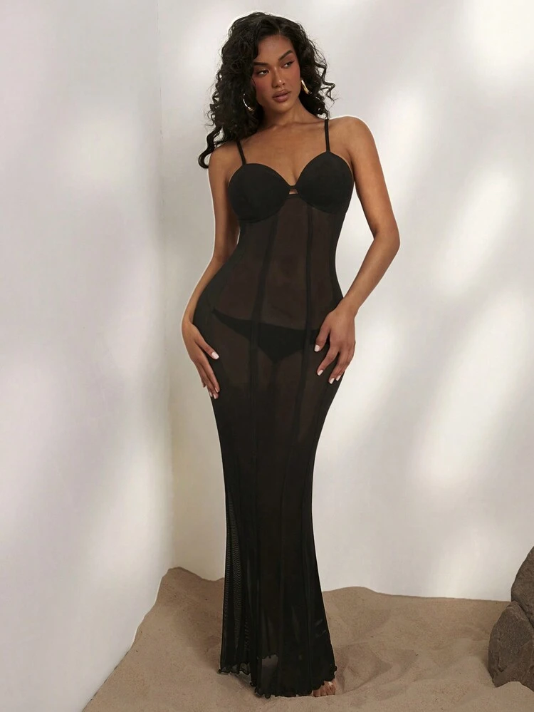 Summer Beach Holiday,Sexy,See-Through Fabric,Holiday Knitted Solid Color Fish Tail Super Long Netted Bodycon Strap Women Dress