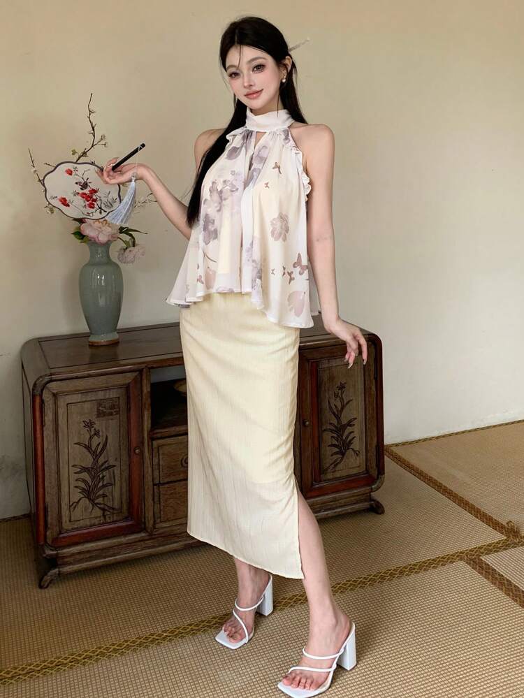 Women's Summer Elegant Flower & Butterfly Printed Halter Top And Solid Color Side Slit Skirt Set, Women Two Pieces Sets