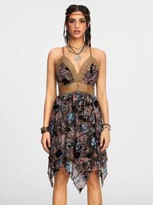 ROMWE Fairycore Vestido de tirantes espaguetis para mujer con encaje de contraste y estampado floral de tinte anudado vintage, perfecto para verano - Multicolor - Ver 7