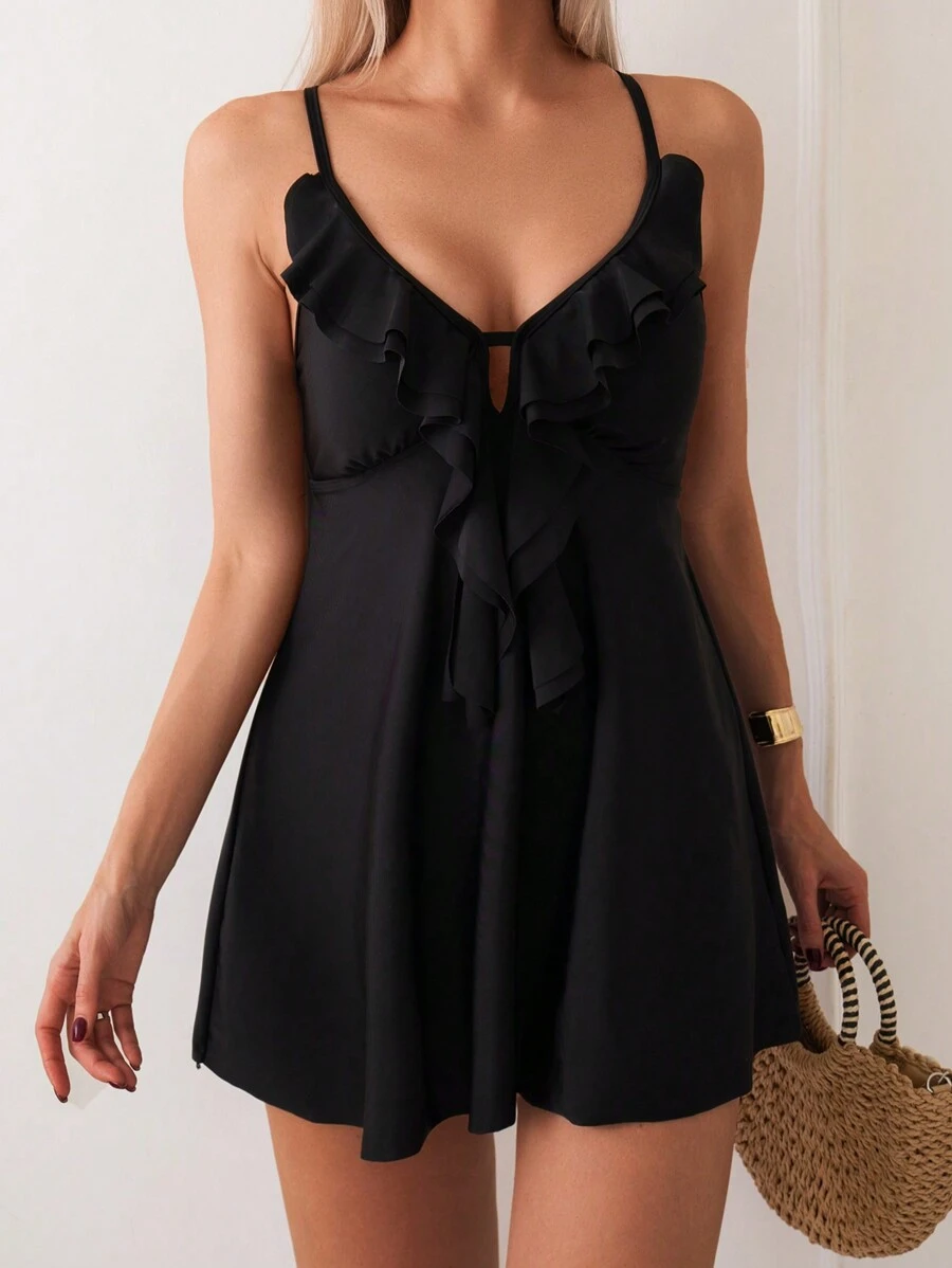 SHEIN Swim 女士纯色荷叶边下摆露背比基尼套装，带三角内裤，适合度假/海滩/泳池夏季 - 黑色 - 查看 1