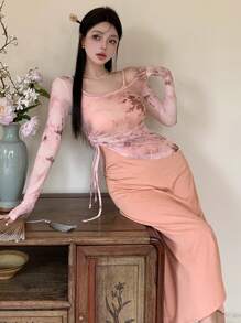 DAZY Conjunto de dos piezas con mangas largas y transparente para mujer - Naranja Coral - Ver 1