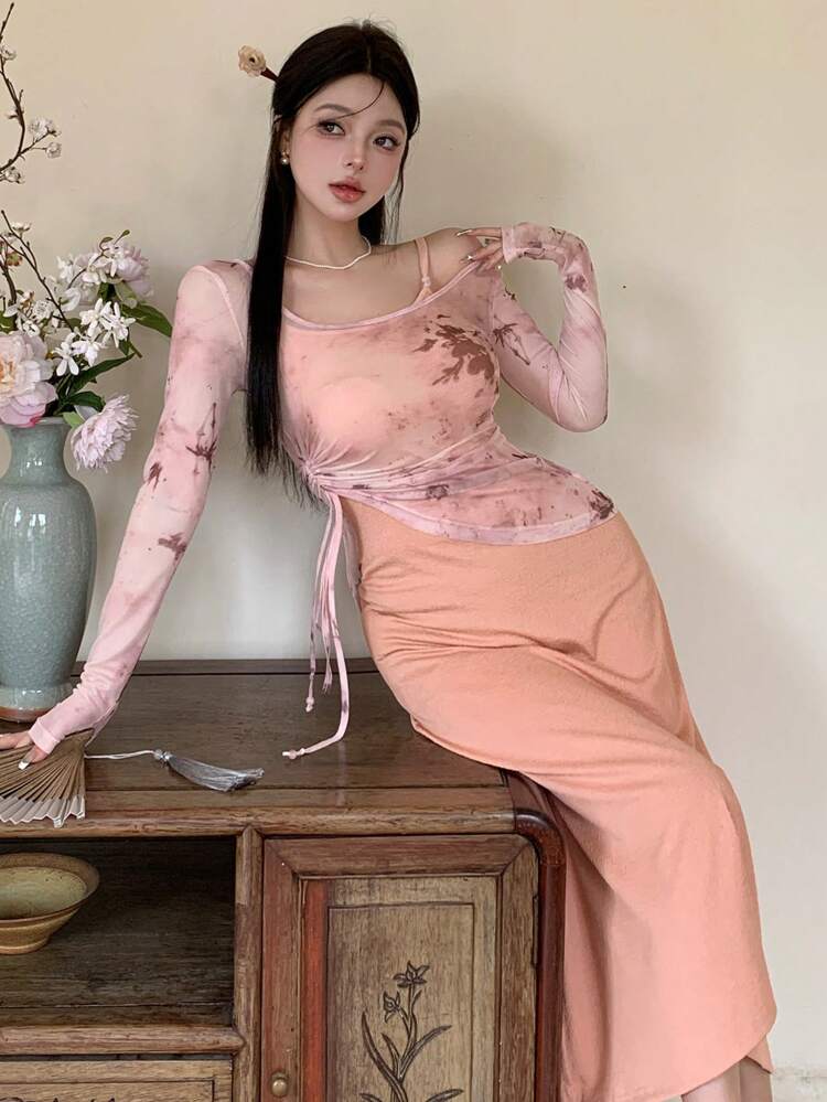 Women's Long Sleeve Two Pieces Set Outfit Sheer
