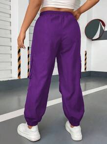 Flirla Pantalones de carga casuales de talla grande con cordón y bolsillos de unicolor - Morado - Ver 2