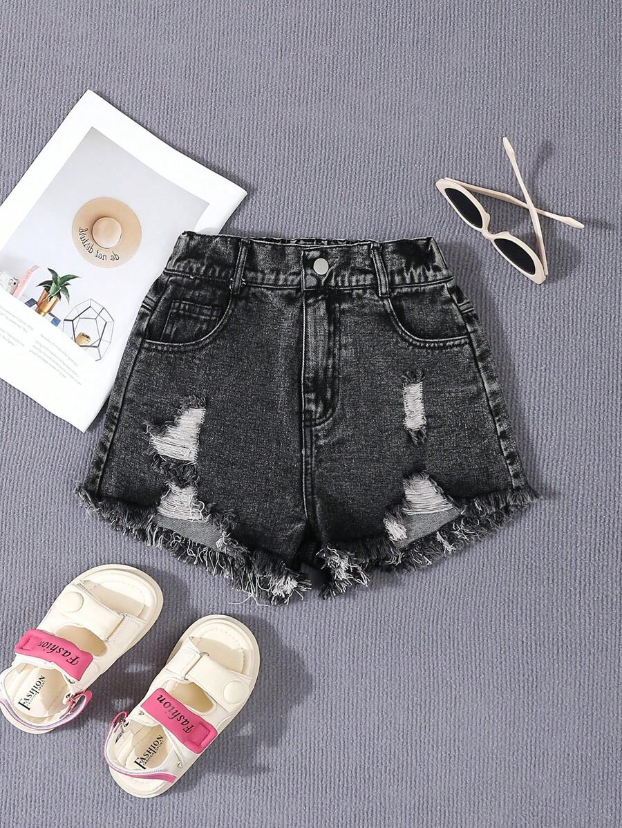 SHEIN Tween Girl Casual Fit Casual Simple Denim Shorts Summer Holiday