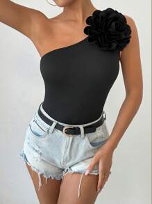 Chiquease Summer Plain Slim Fit Top With 3d Flower Decoration And Asymmetric Collar - Black - View 1