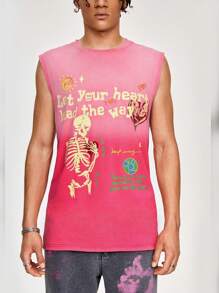 ROMWE MEN Street Life Men's Summer Round Neck Sleeveless Casual Tank Top With Slogan & Skull Print, Washed Style - Pink - View 6