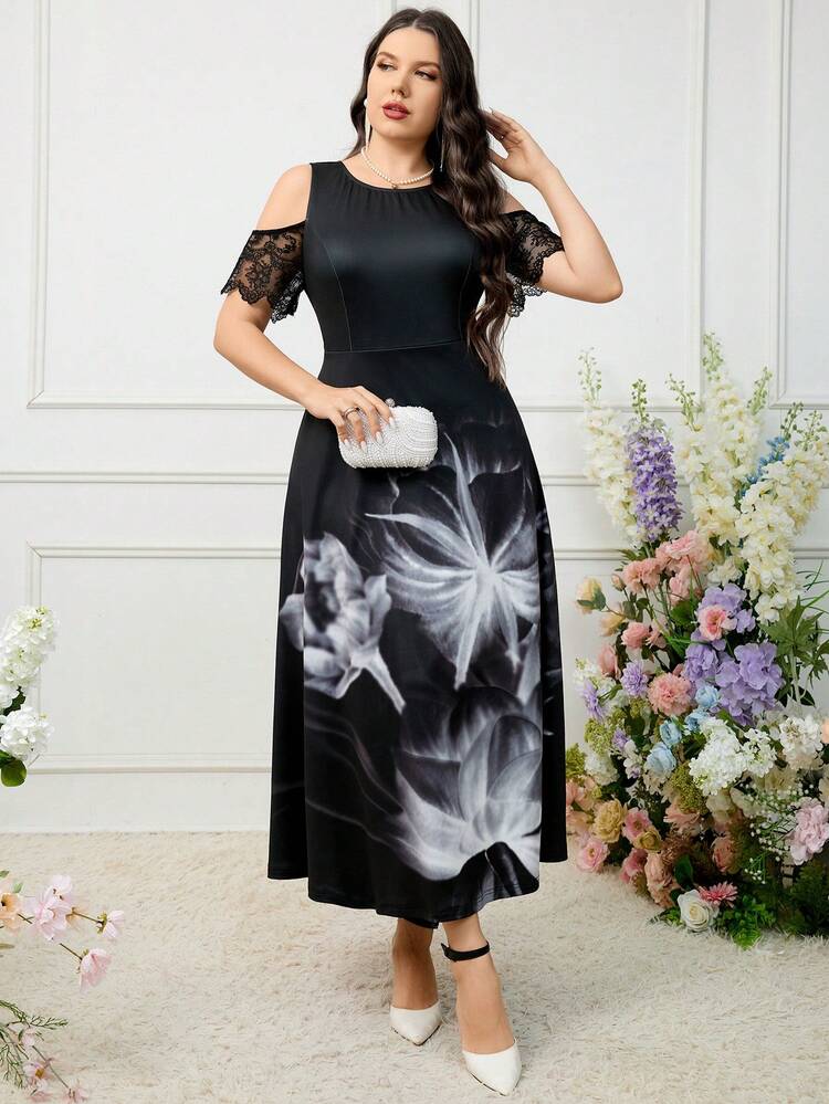 Plus Size Women's Open Shoulder Random Print Simple Daily Wear Dress