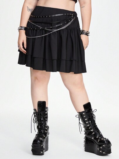 Grunge Punk Black Punk Style Belted A-Line Plus Size Cake Skirt, Flattering For Your Figure