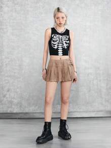 SHEIN EZwear Cool And Street-Style Motor Lady's Low-Waist A-Line Mini Skirt With Slit And Pleated Design - Khaki - View 3