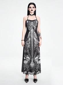 ROMWE Fairycore Women's Fashionable Mesh Halter Mermaid Skeleton Print Dress - Black - View 4
