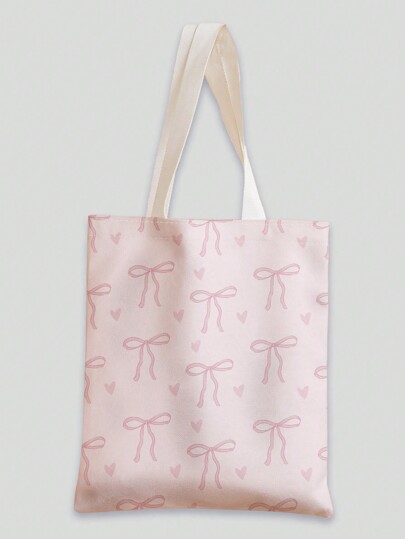 Fairycore 1pc Lovely Pink Bowknot Pattern Double-Sided Printed Canvas Shoulder Bag Valentines, Literary School Bag For Teens, Book Bag For Women Or Students, Perfect For Books, Shopping, Back To School And More, Cute Bow Bag For Women