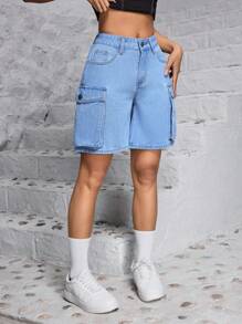 SHEIN PETITE Shorts Casuais de Denim Lavado para o Verão, Roupas de Trabalho - Azul - Visão 6
