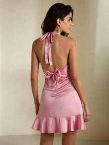 Femmeiva Women's Plain Sleeveless Halter Daily Dress - Pink - View 6