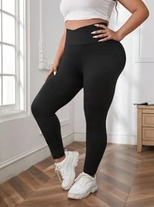 SHEIN Essnce Plus Solid Wideband Waist Leggings - Black - View 2