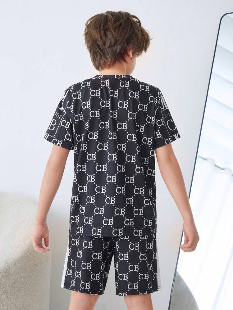 Tween Boy Letter Printed And Comfortable Short Sleeve T-Shirt And Shorts Knit Flame Resistant Breathable Homewear Pajamas 2pcs Set, Summer