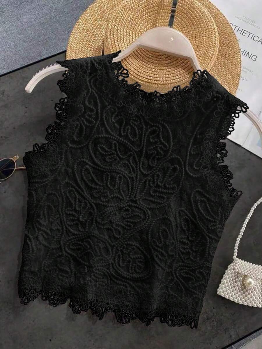 SHEIN Privé 女式蕾絲修身無袖圓領白色背心，優雅適用於度假、浪漫和婚禮季節 - 黑色 - 查看 1